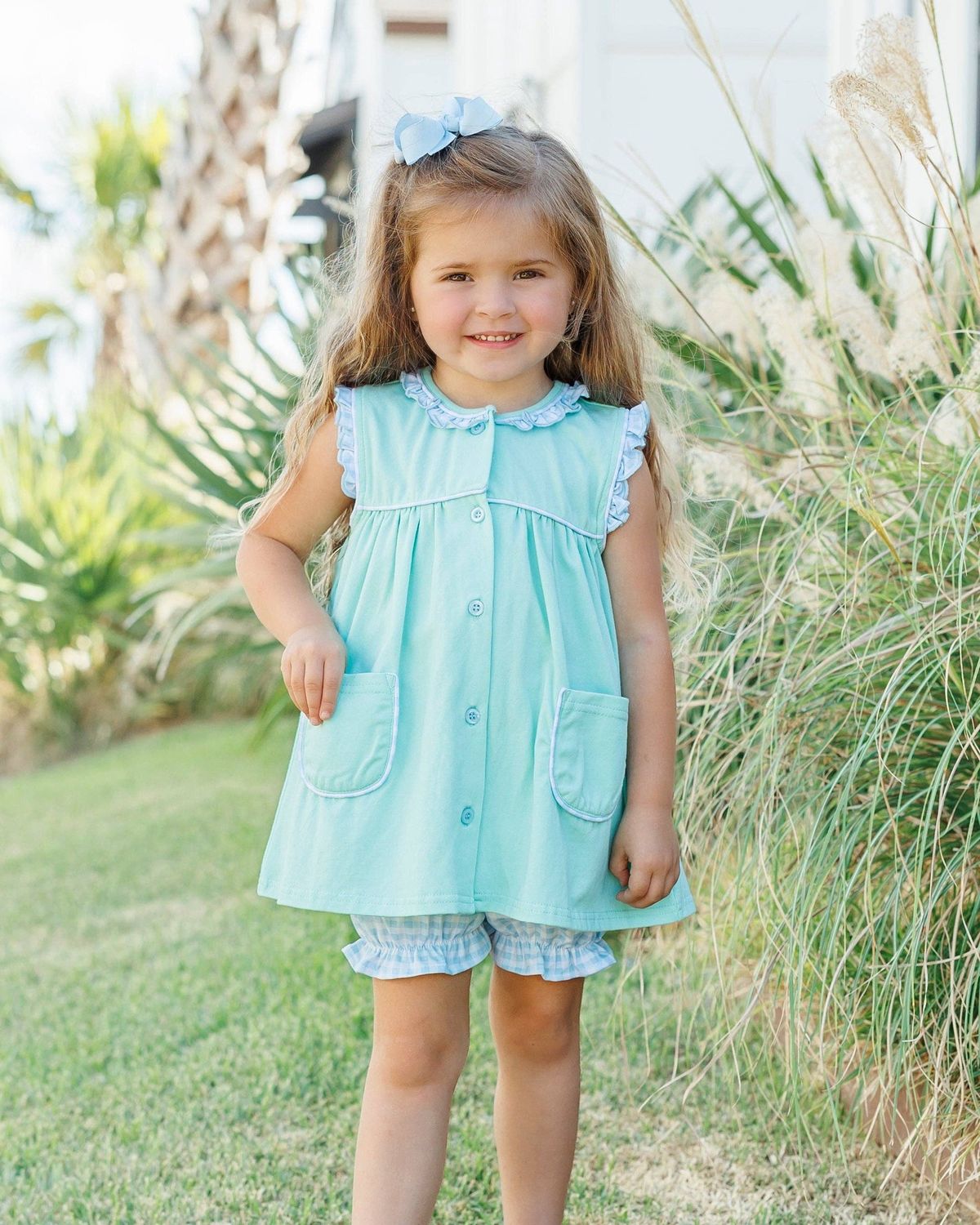 Harper Bloomer Set- Mint w/ Light Blue Gingham