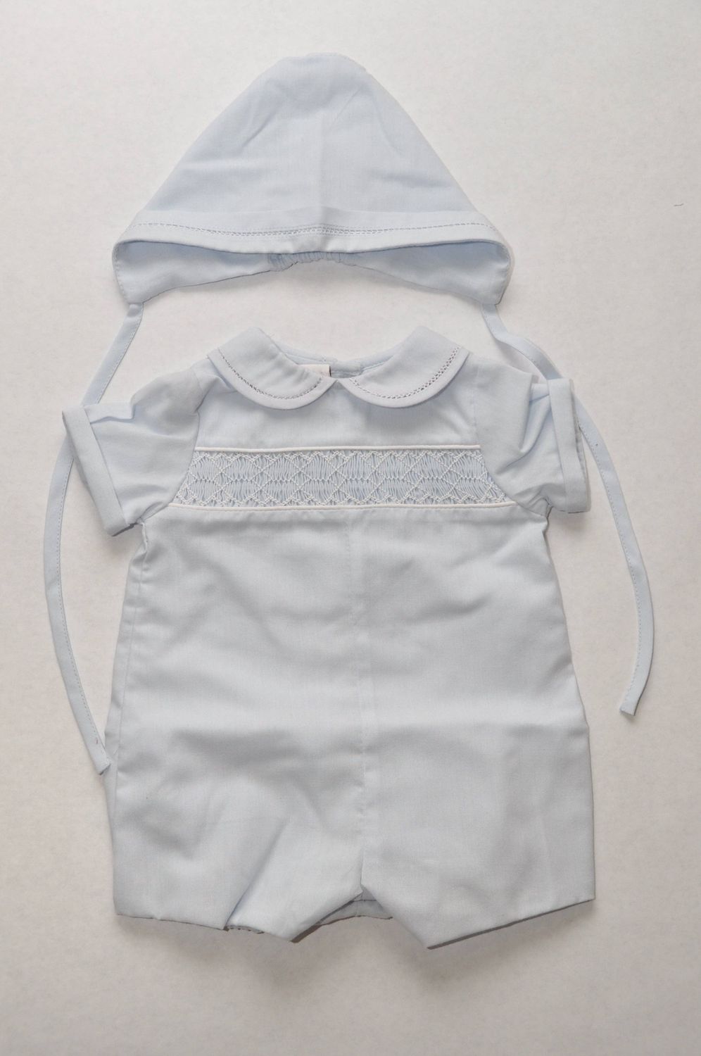 Baby Boys Light Blue Geo Smocked Bubble With Bonnet