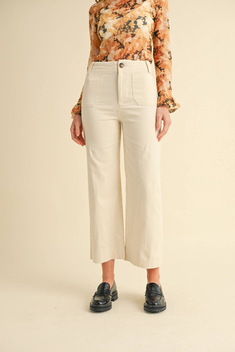 HIGH WAIST CROPPED WIDE LEG PANTS MP3303, Color: Egg Shell, Size: L