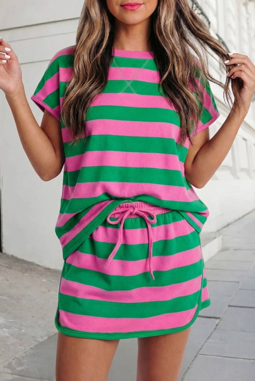 Striped Print Tee &amp; Skort 2pcs Set | S-2XL