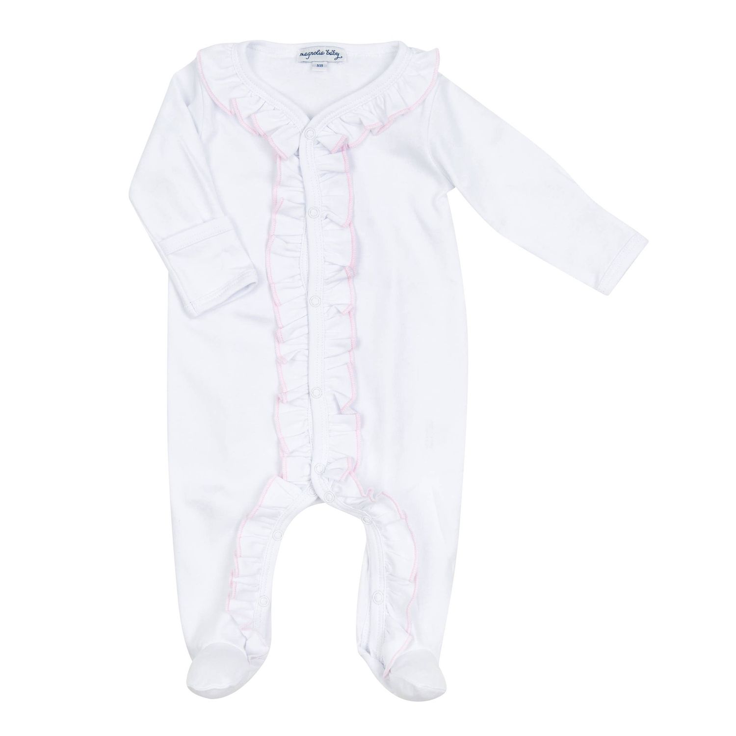Essentials White Ruffle Footie with Pink Trim