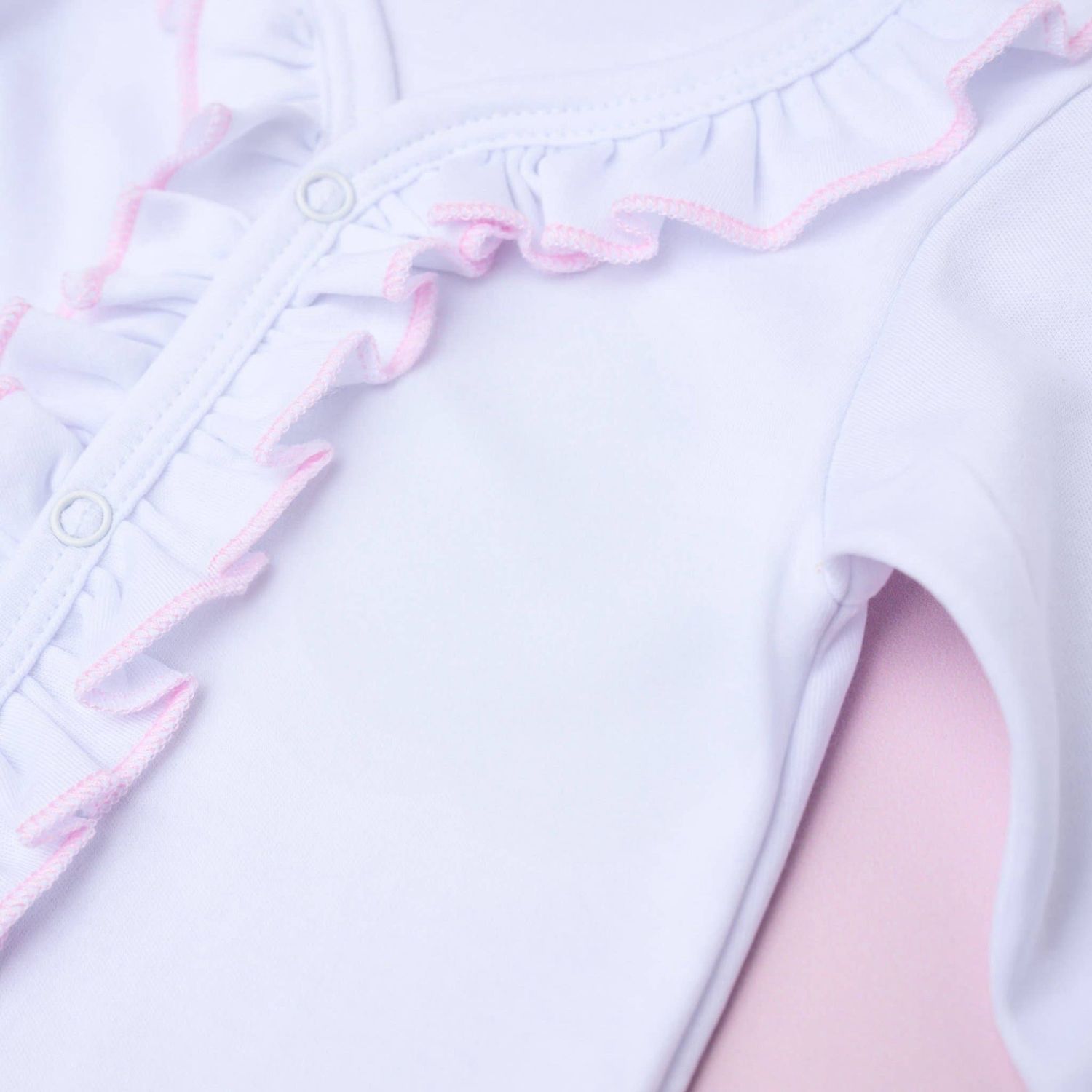 Essentials White Ruffle Footie with Pink Trim