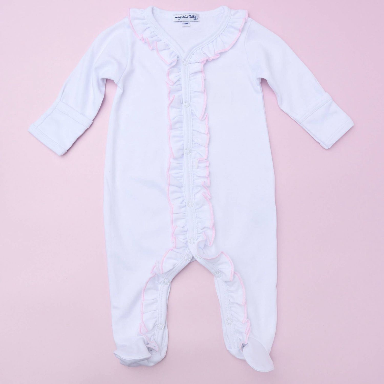 Essentials White Ruffle Footie with Pink Trim