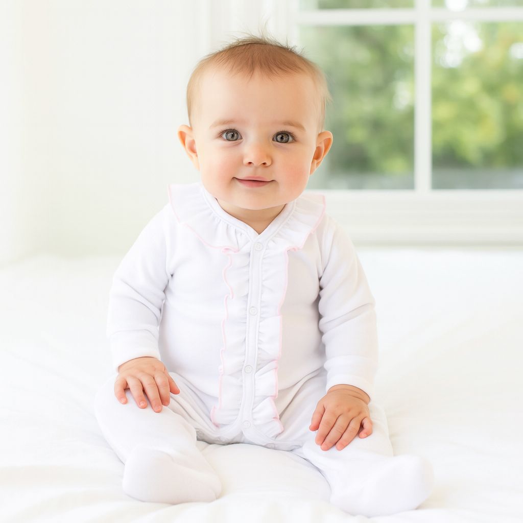 Essentials White Ruffle Footie with Pink Trim