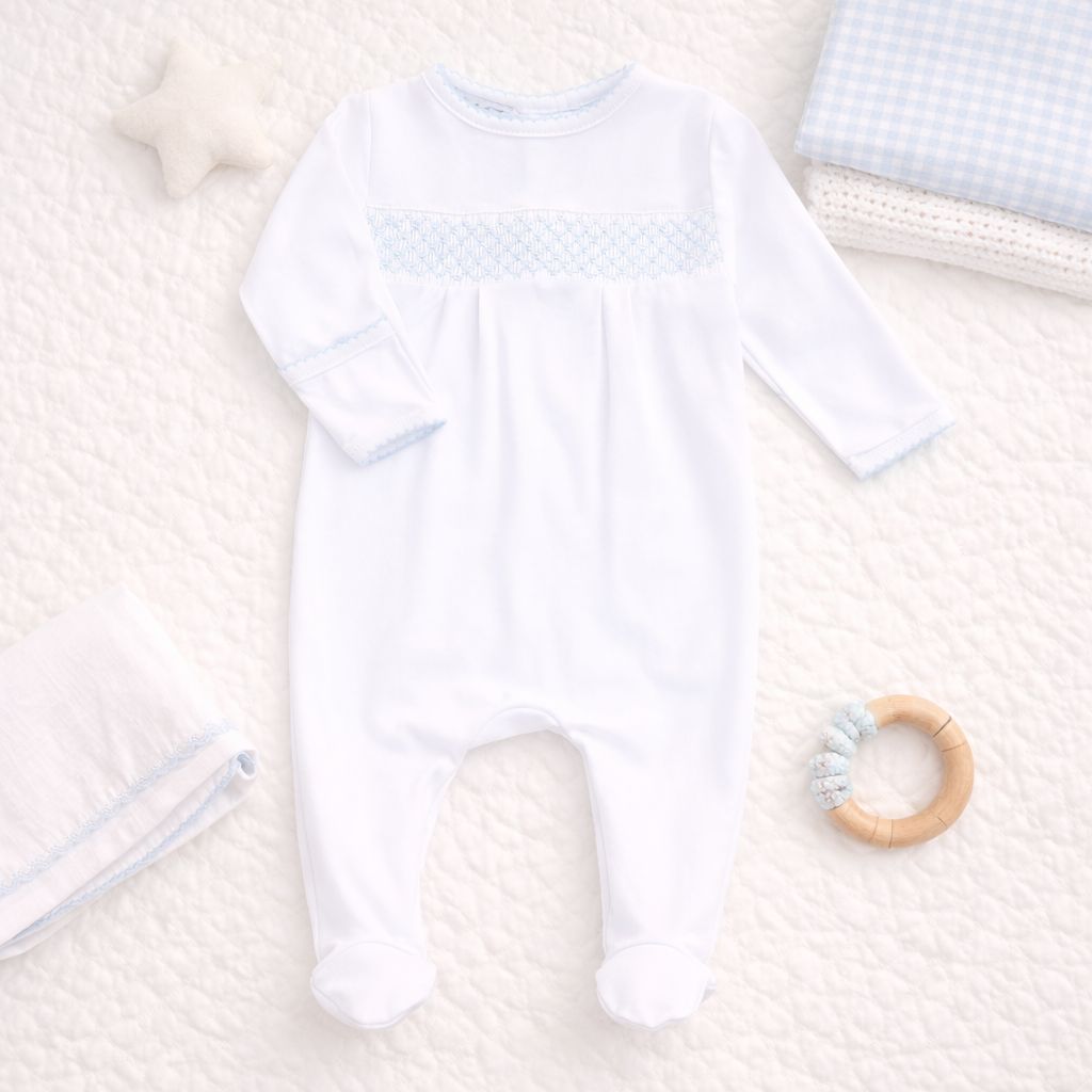 Solid Essentials White Blue Smocked Footie
