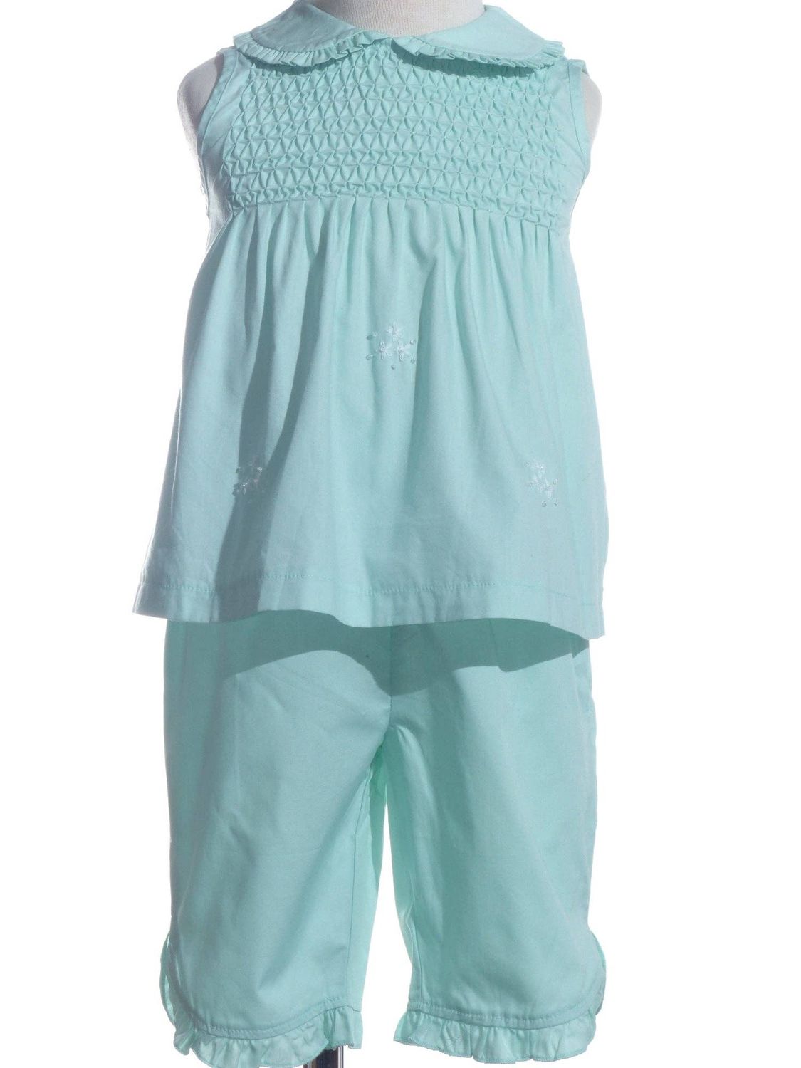 Mint Geometric Smocked Sleeveless Top and Ruffle Pants Set