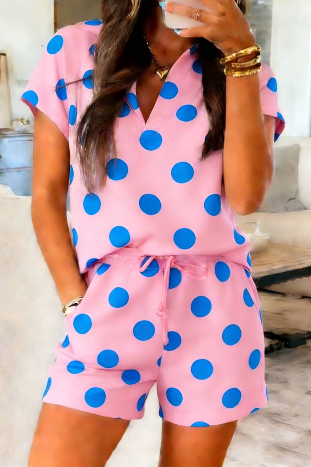 Polka Dot/ Camo Print V Neck Tee and Shorts Set (S-XL)
