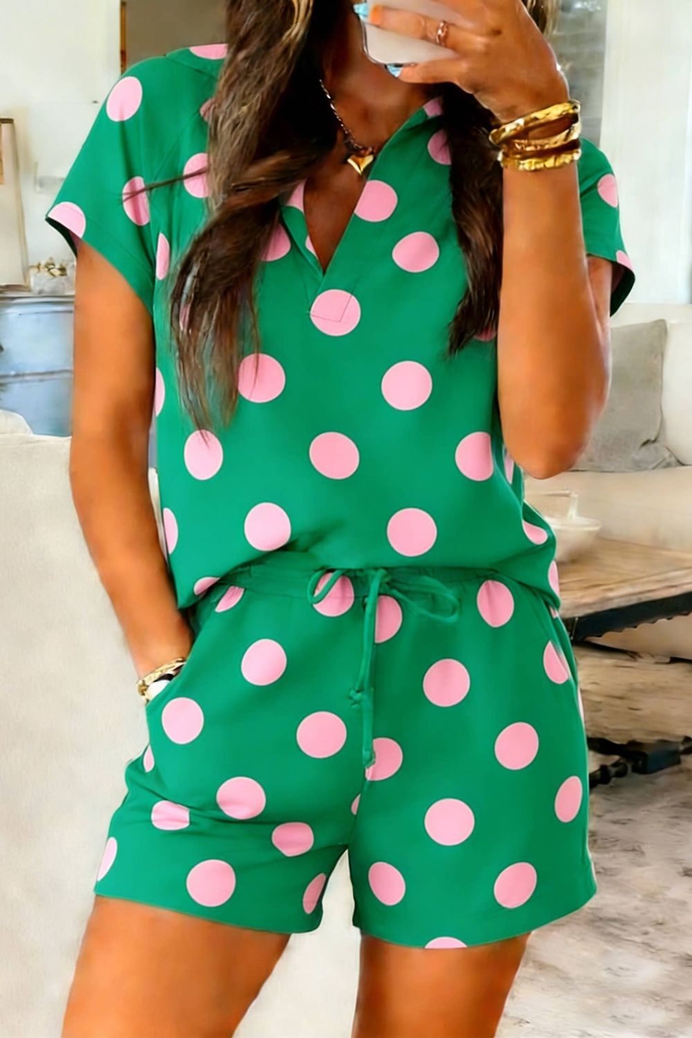 Polka Dot/ Camo Print V Neck Tee and Shorts Set (S-XL)