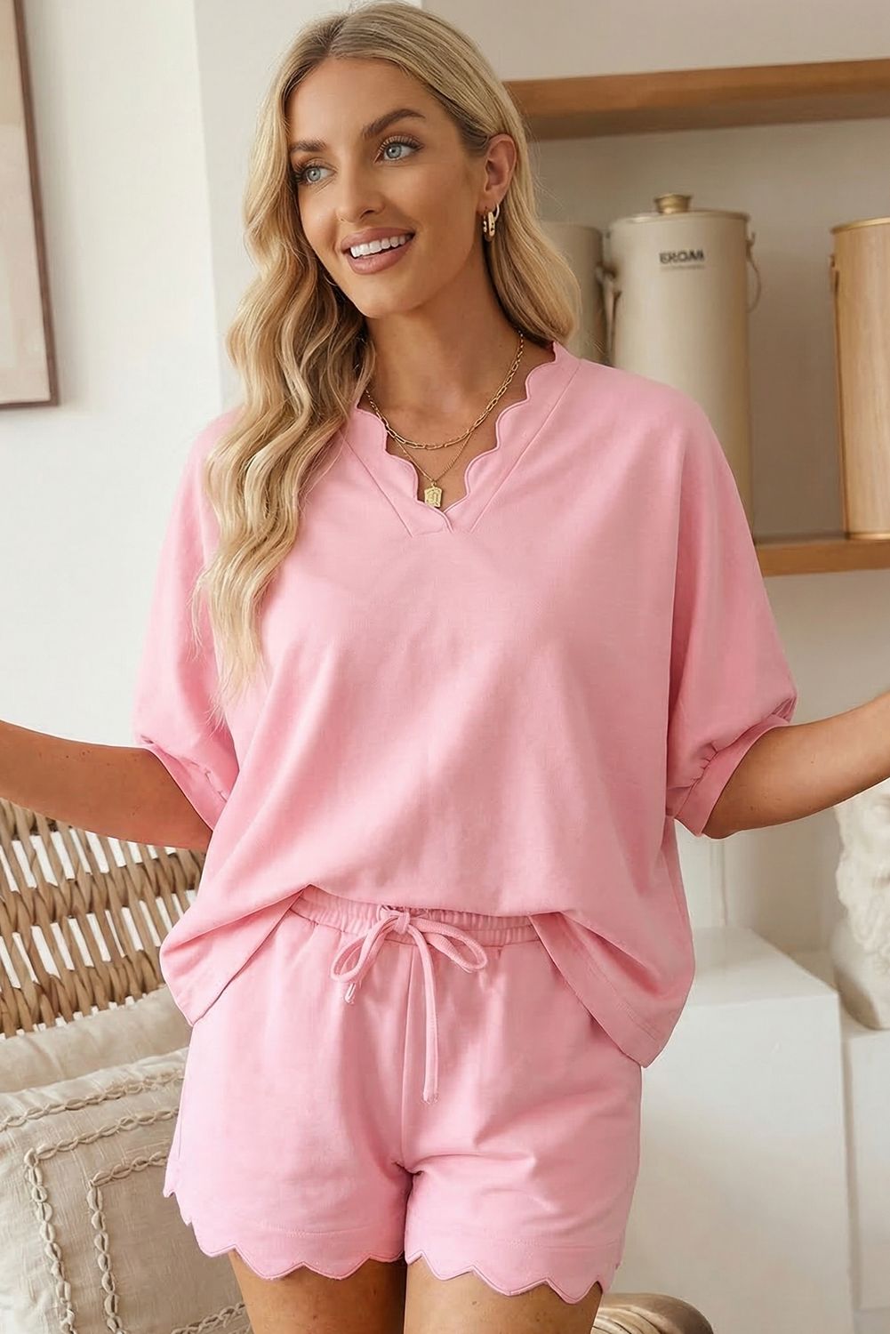 Scalloped V-Neck Top and Shorts Lounge Set (S-XL)