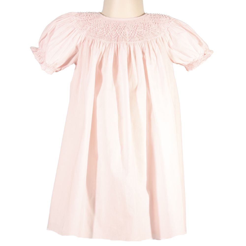 Light Pink Geometric Smocked with Pearl Short Sleeve Bishop Dress
