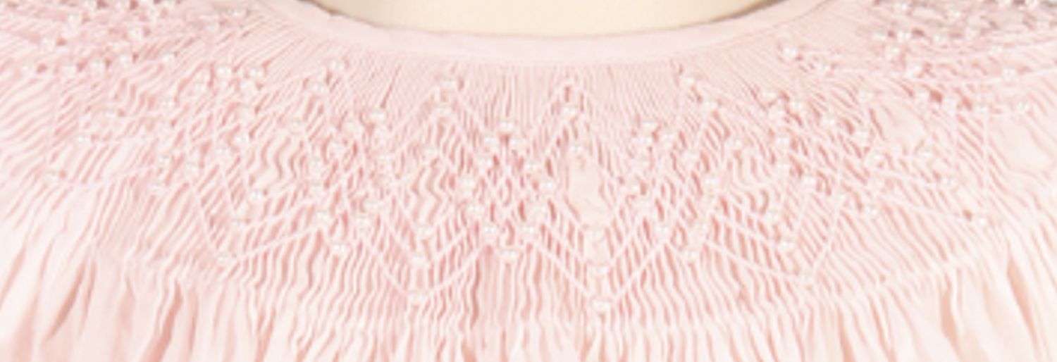 Light Pink Geometric Smocked with Pearl Short Sleeve Bishop Dress