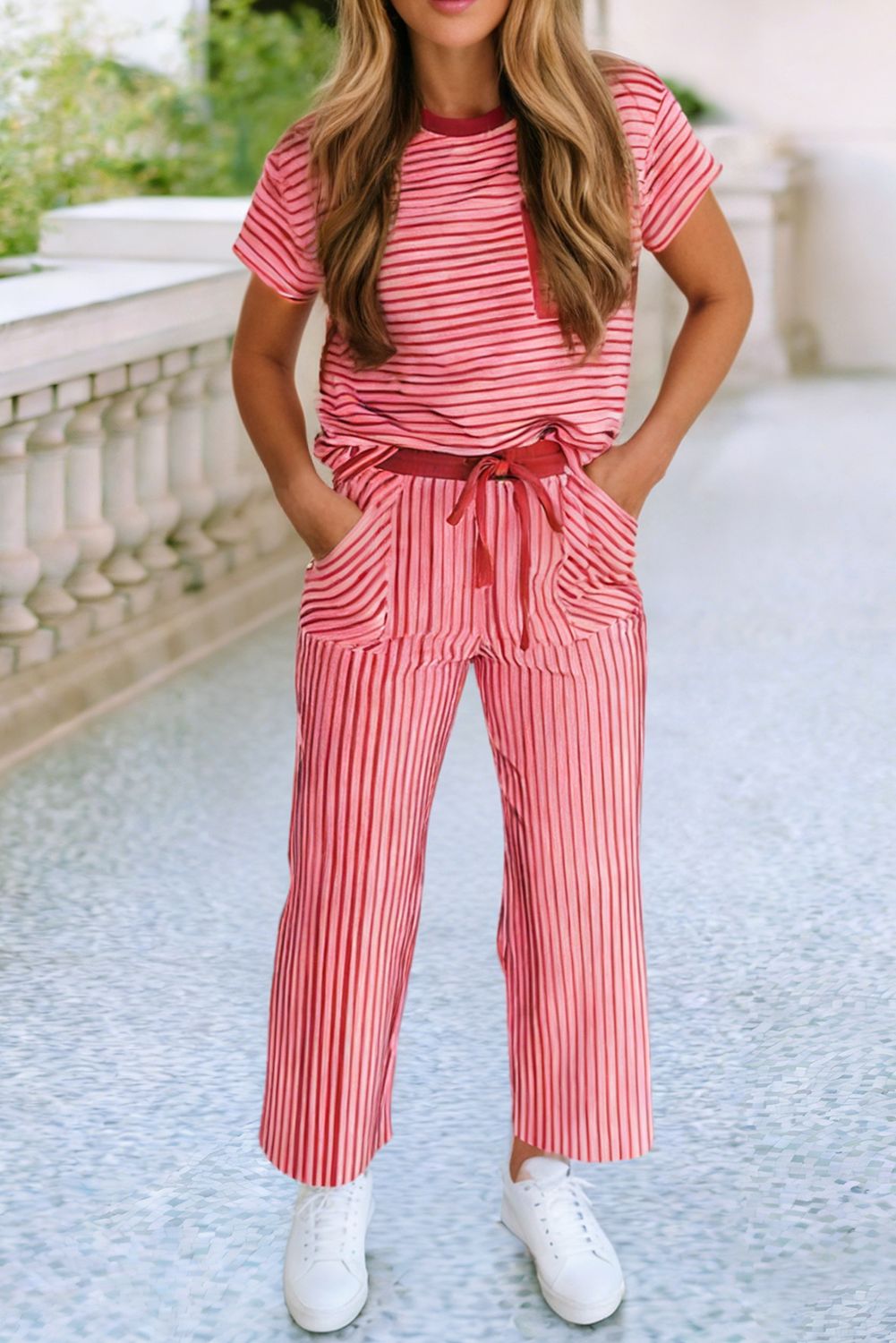 Striped Drawstring Waist Cropped Pants Set| S-4X