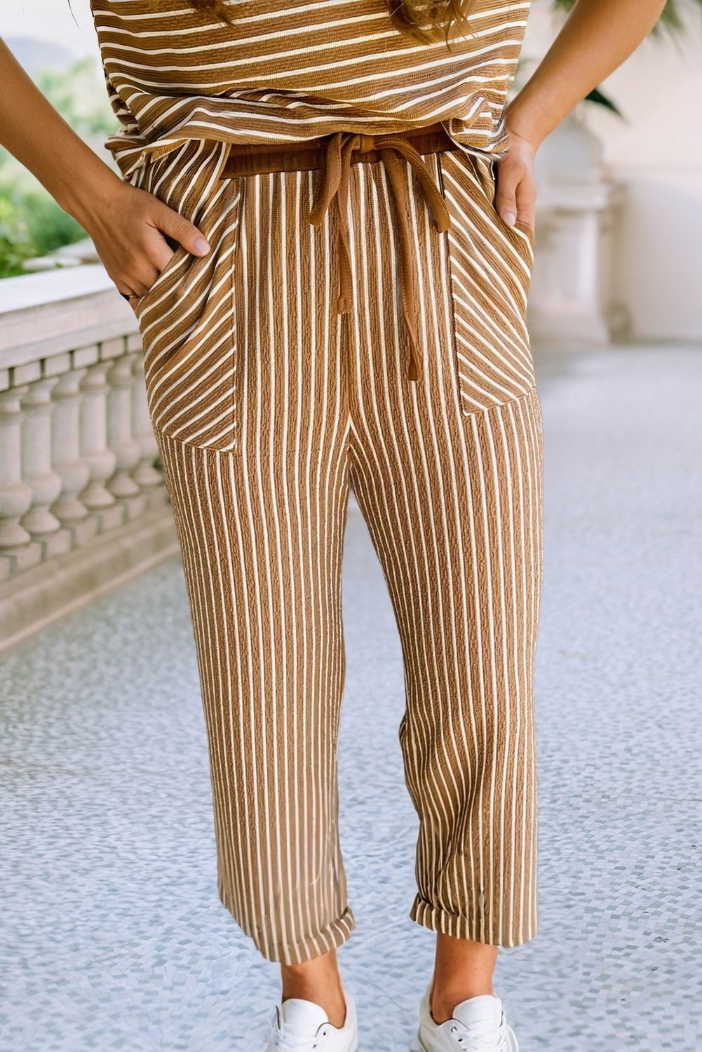 Striped Drawstring Waist Cropped Pants Set| S-4X