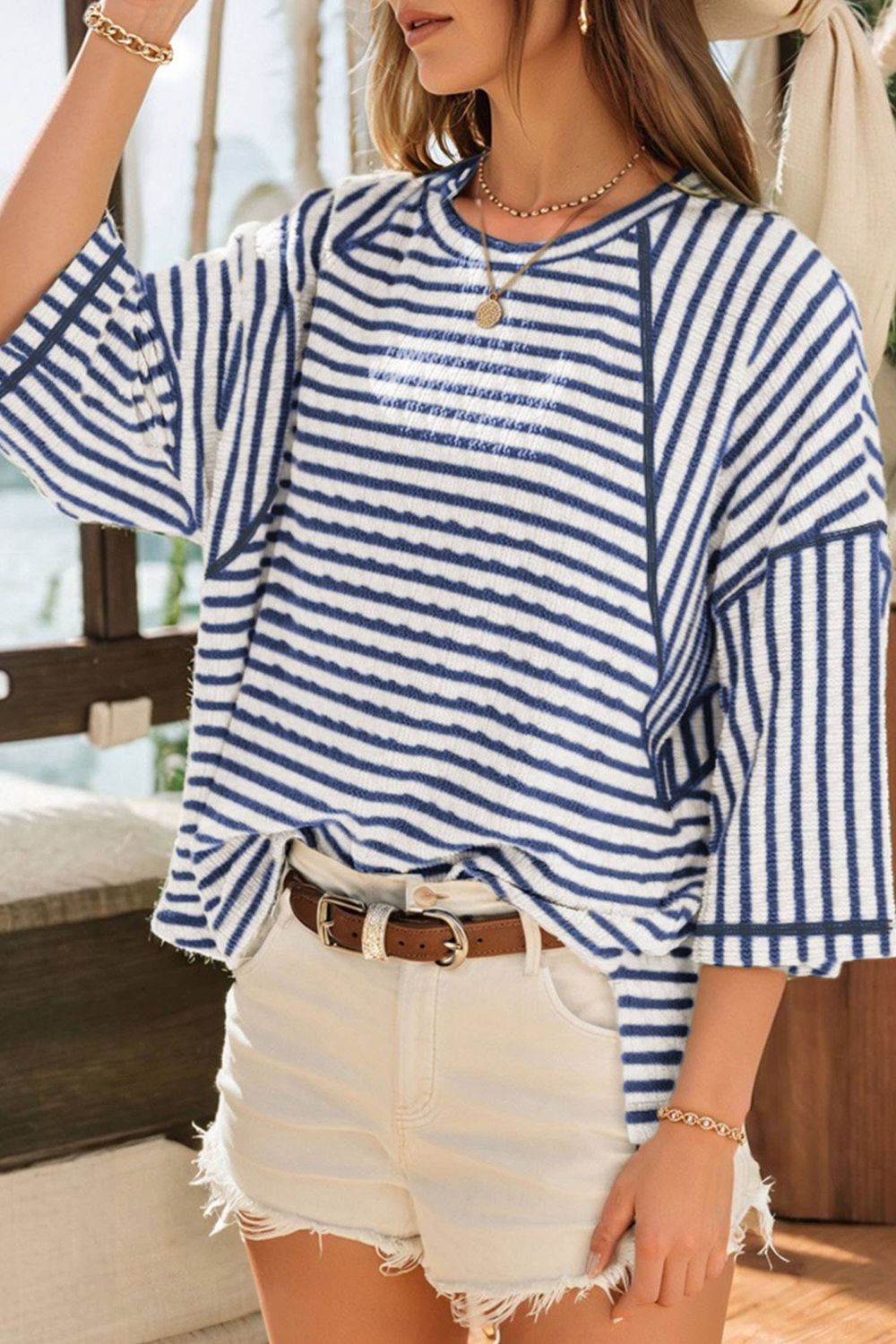 Texture Stripe Knit Half Sleeve Top | S-XL Plus 1X-4X