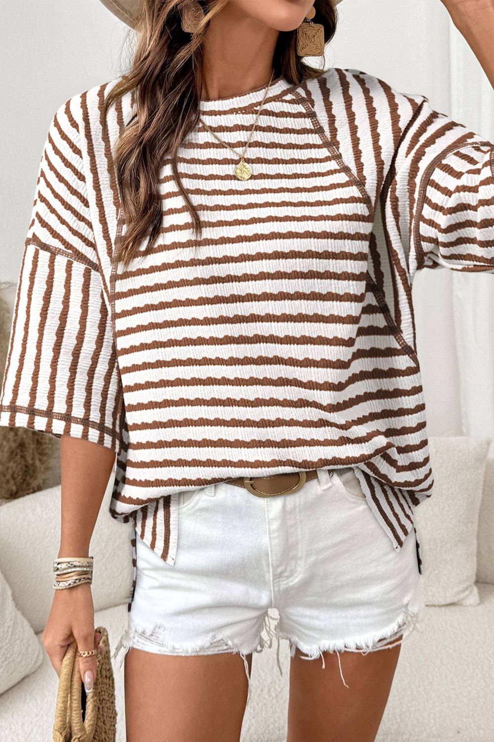 Texture Stripe Knit Half Sleeve Top | S-XL Plus 1X-4X