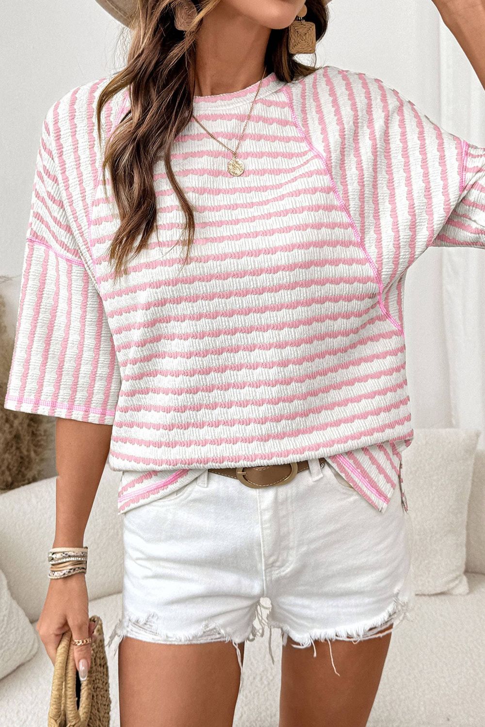 Texture Stripe Knit Half Sleeve Top | S-XL Plus 1X-4X