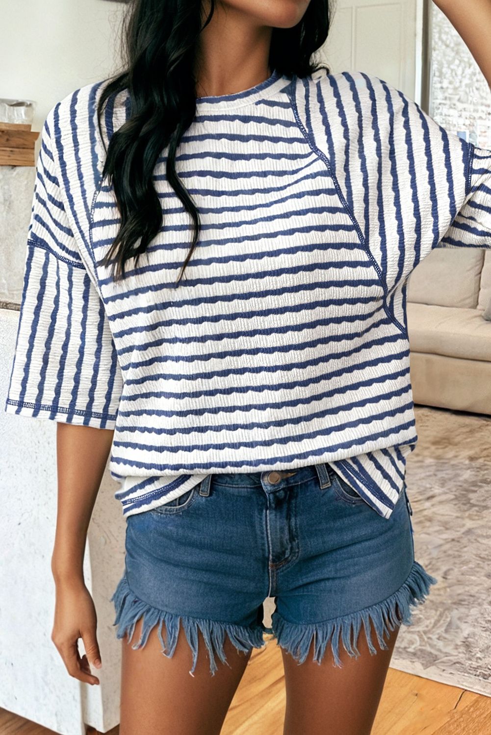 Texture Stripe Knit Half Sleeve Top | S-XL Plus 1X-4X