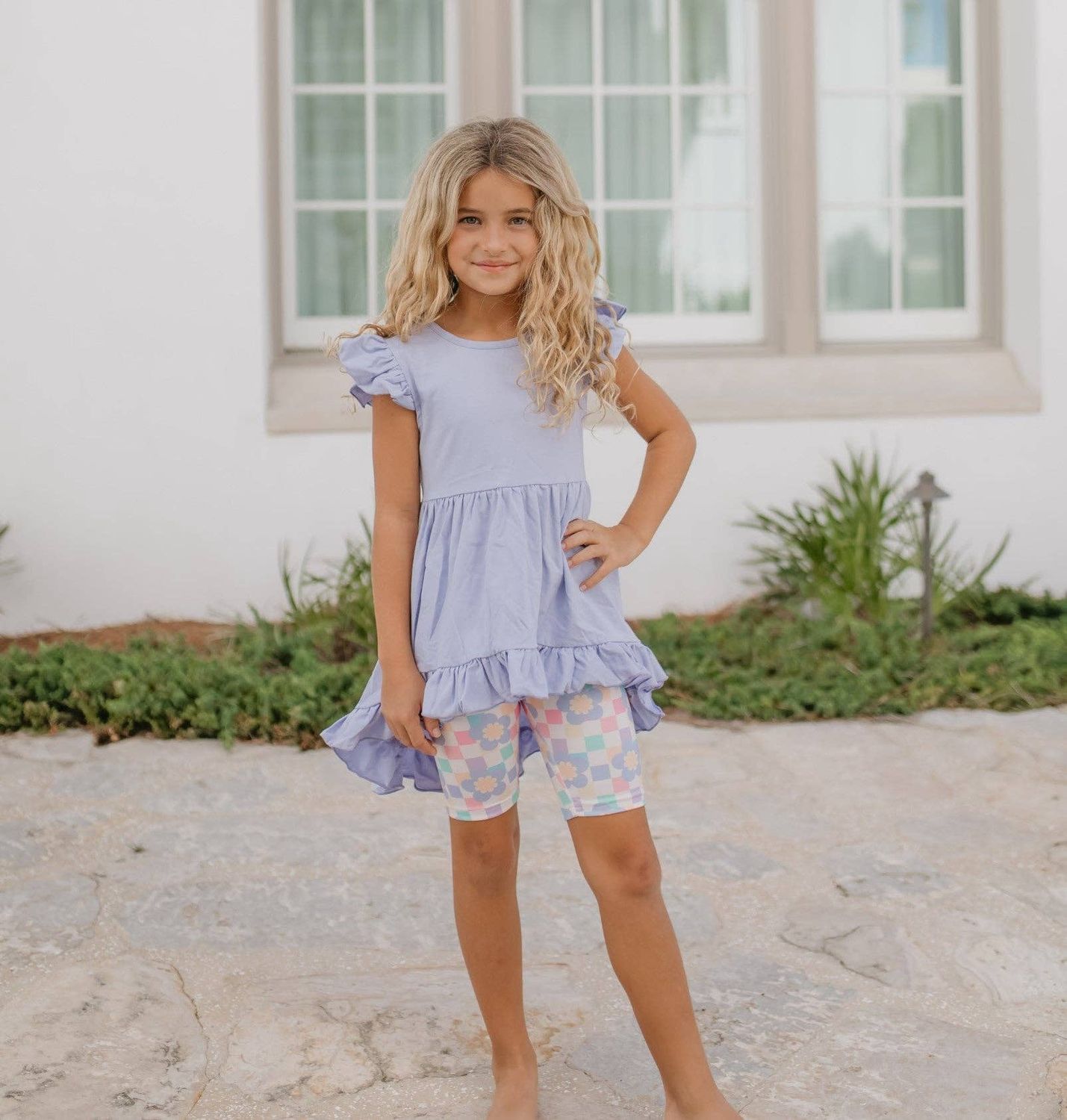 Girls Purple Periwinkle Pastel Spring Check Hi-Lo Short Set