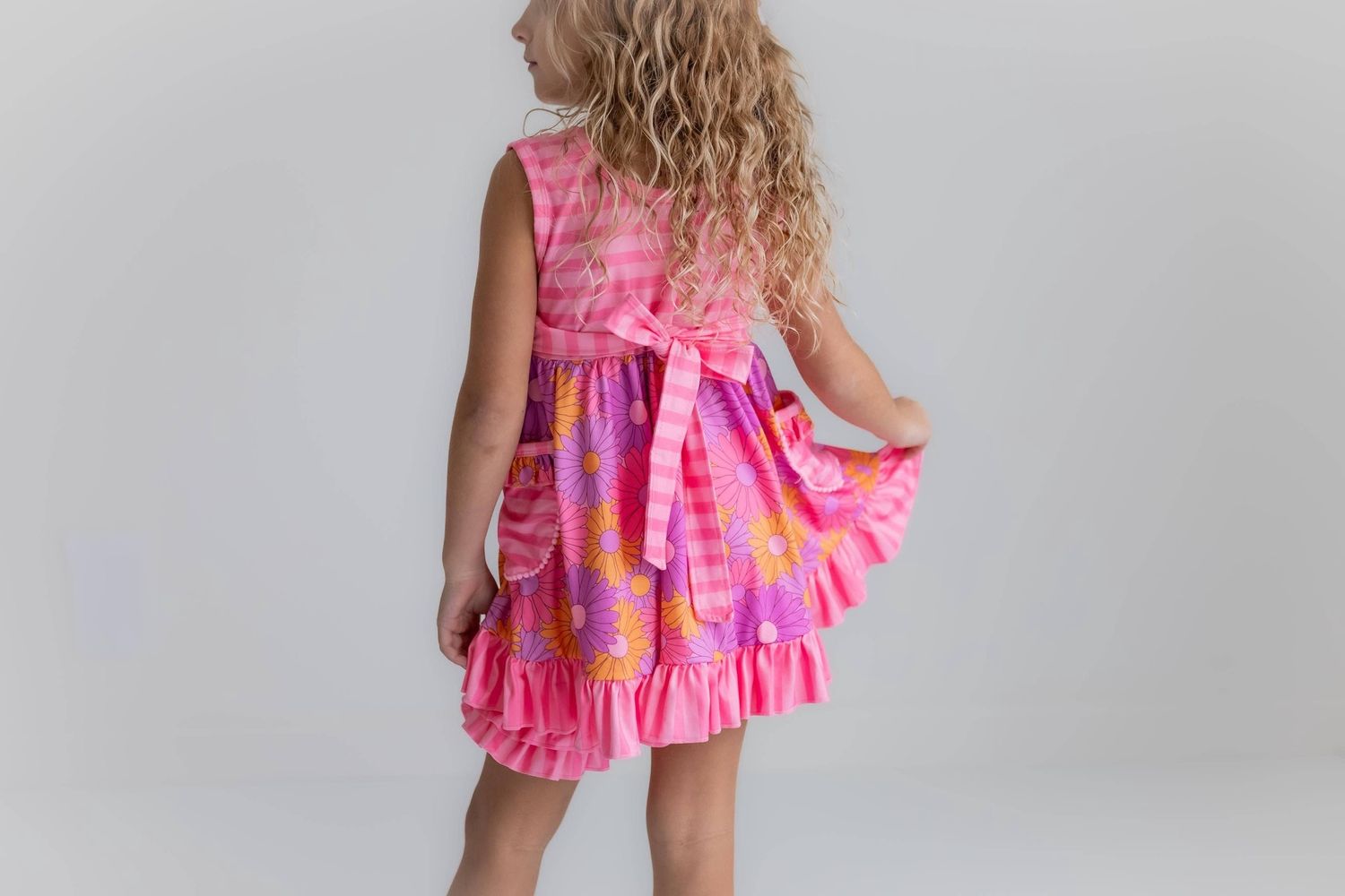Kids Pink Retro Daisy Stripe Pocket Ruffle Spring Short Set