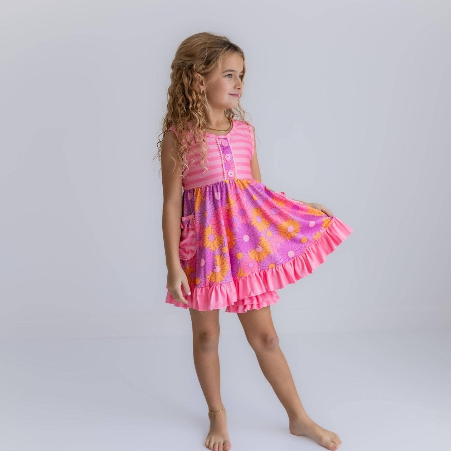 Kids Pink Retro Daisy Stripe Pocket Ruffle Spring Short Set