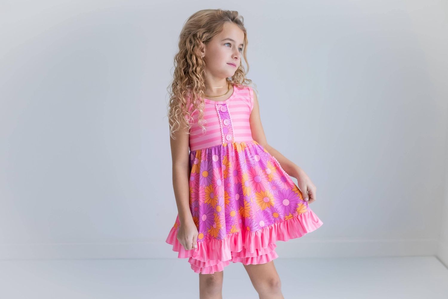 Kids Pink Retro Daisy Stripe Pocket Ruffle Spring Short Set