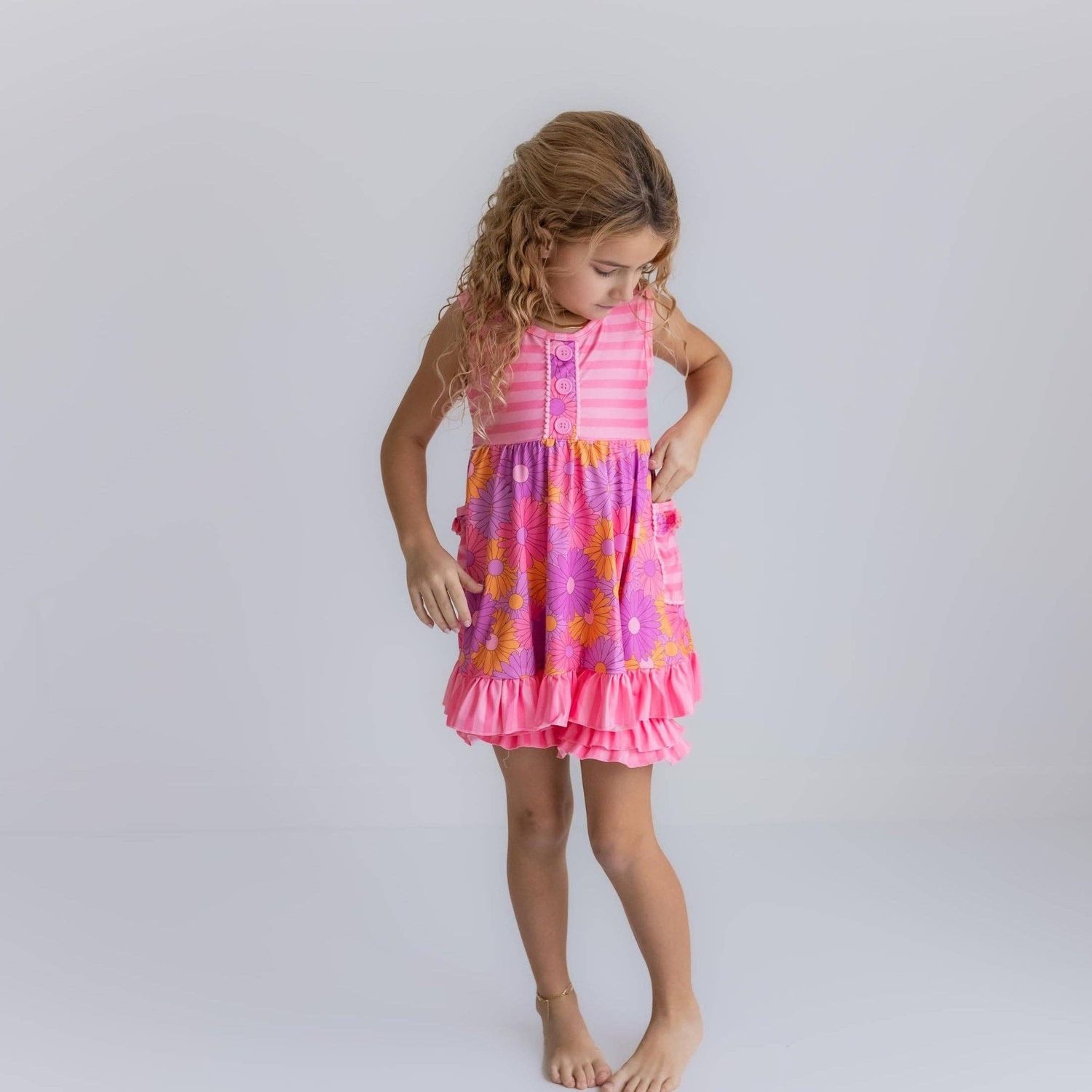 Kids Pink Retro Daisy Stripe Pocket Ruffle Spring Short Set