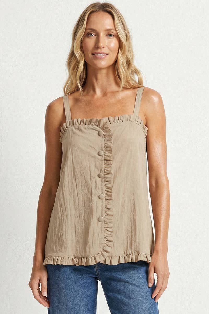 Ruffle Detail Shirt Tank Top, Color: Taupe, Size: M
