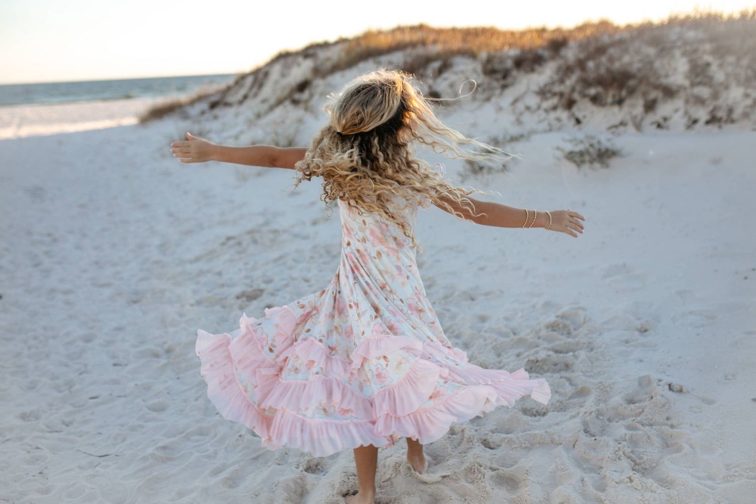 Girls Blush Floral Flutter Sleeve Ruffles Spring Dress