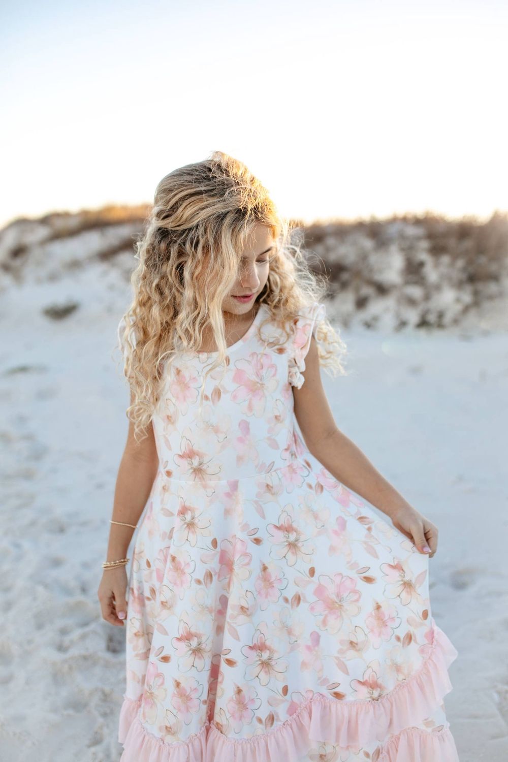 Girls Blush Floral Flutter Sleeve Ruffles Spring Dress