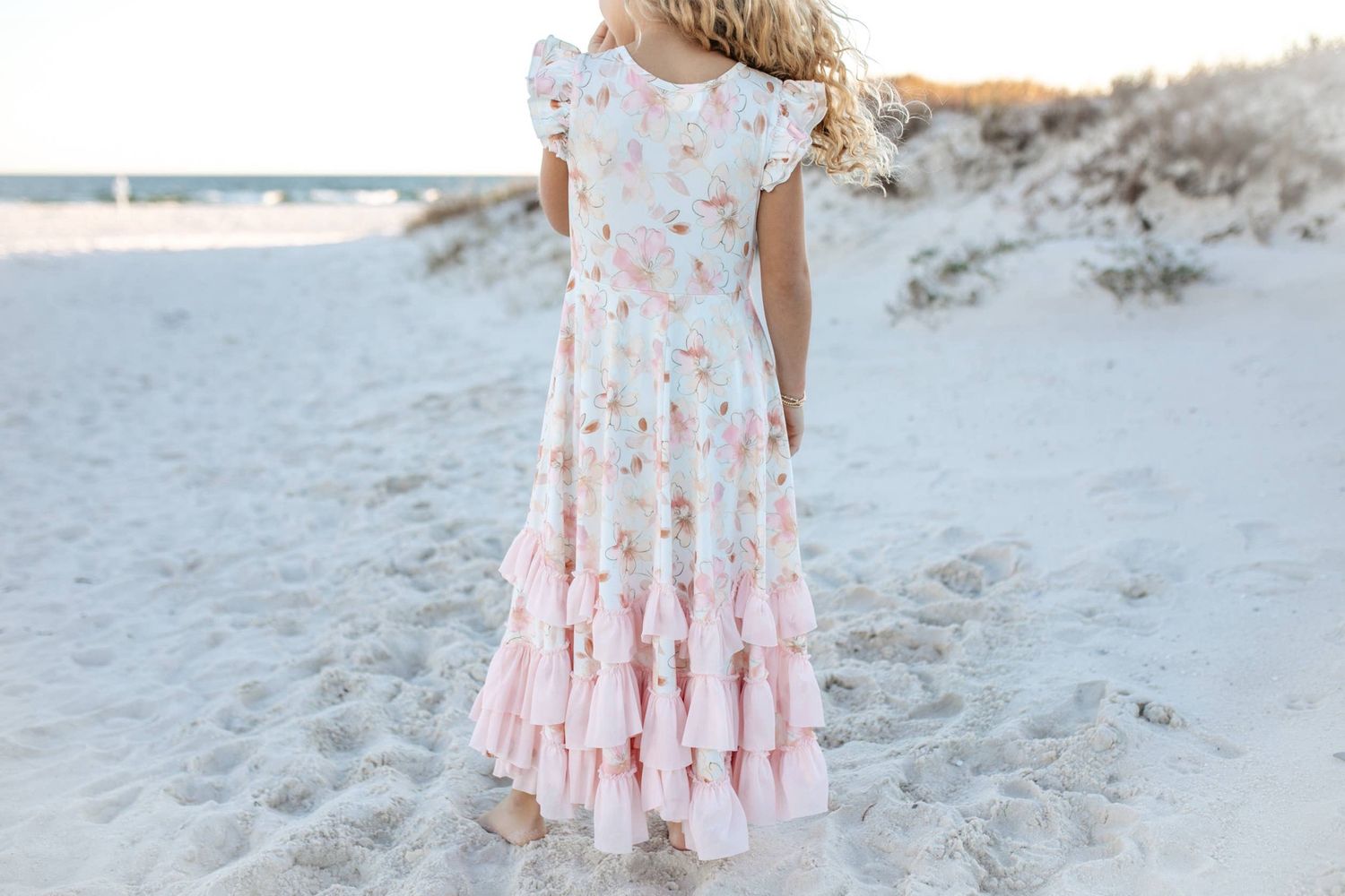 Girls Blush Floral Flutter Sleeve Ruffles Spring Dress