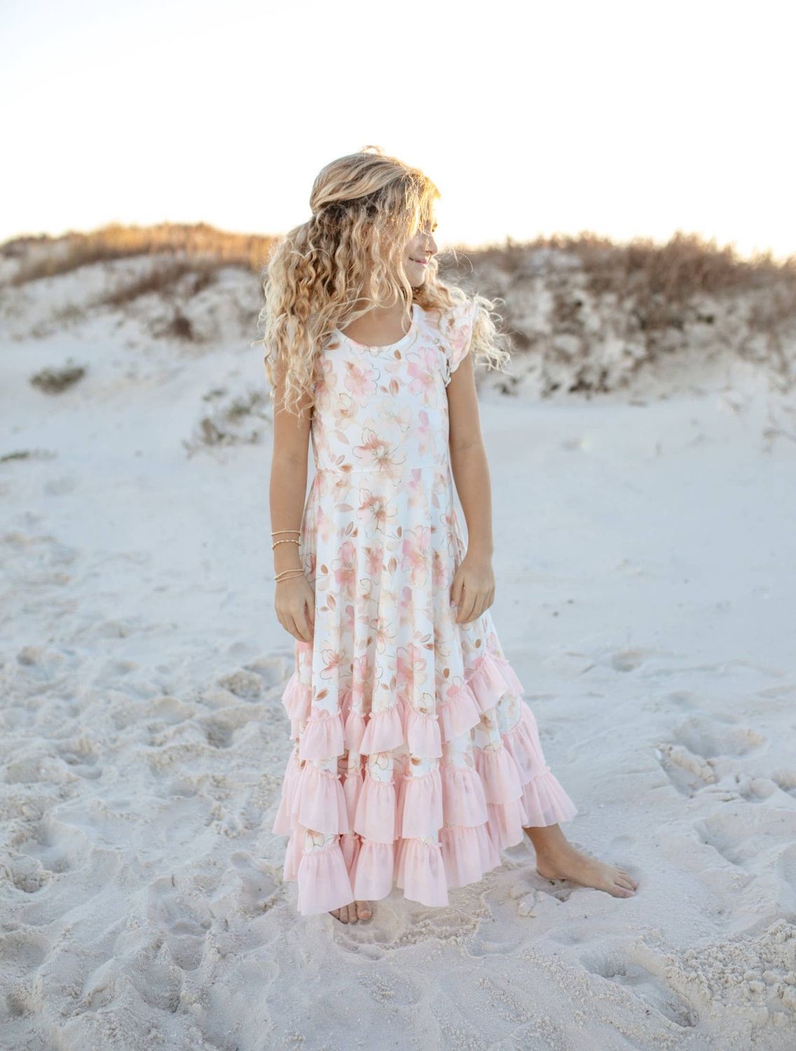 Girls Blush Floral Flutter Sleeve Ruffles Spring Dress