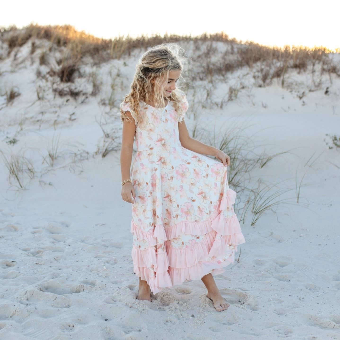 Girls Blush Floral Flutter Sleeve Ruffles Spring Dress