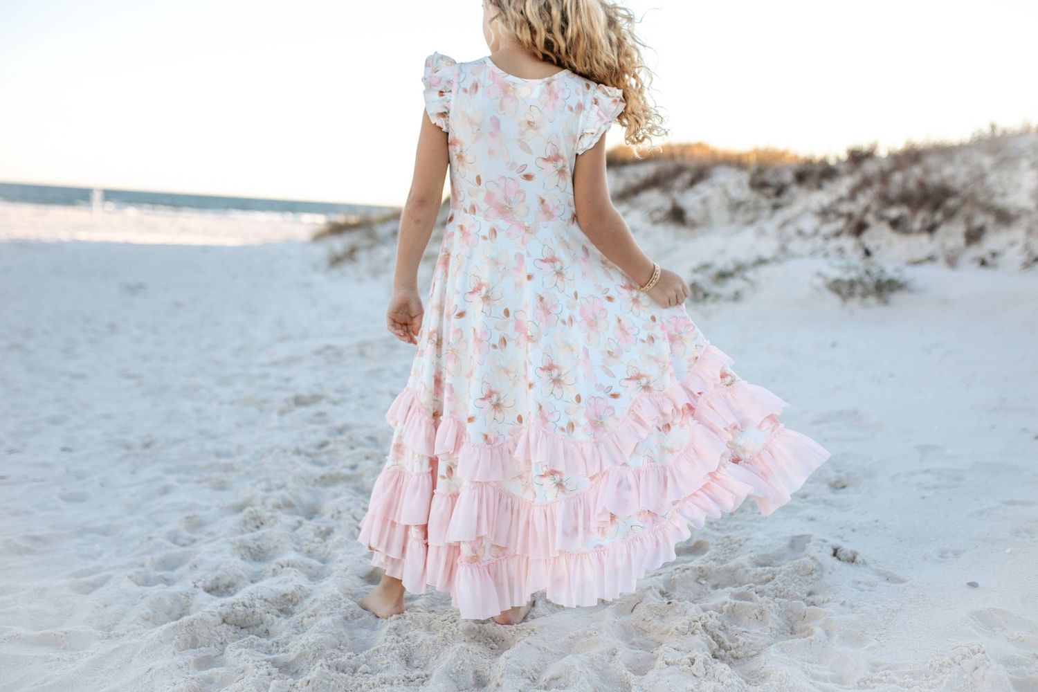 Girls Blush Floral Flutter Sleeve Ruffles Spring Dress