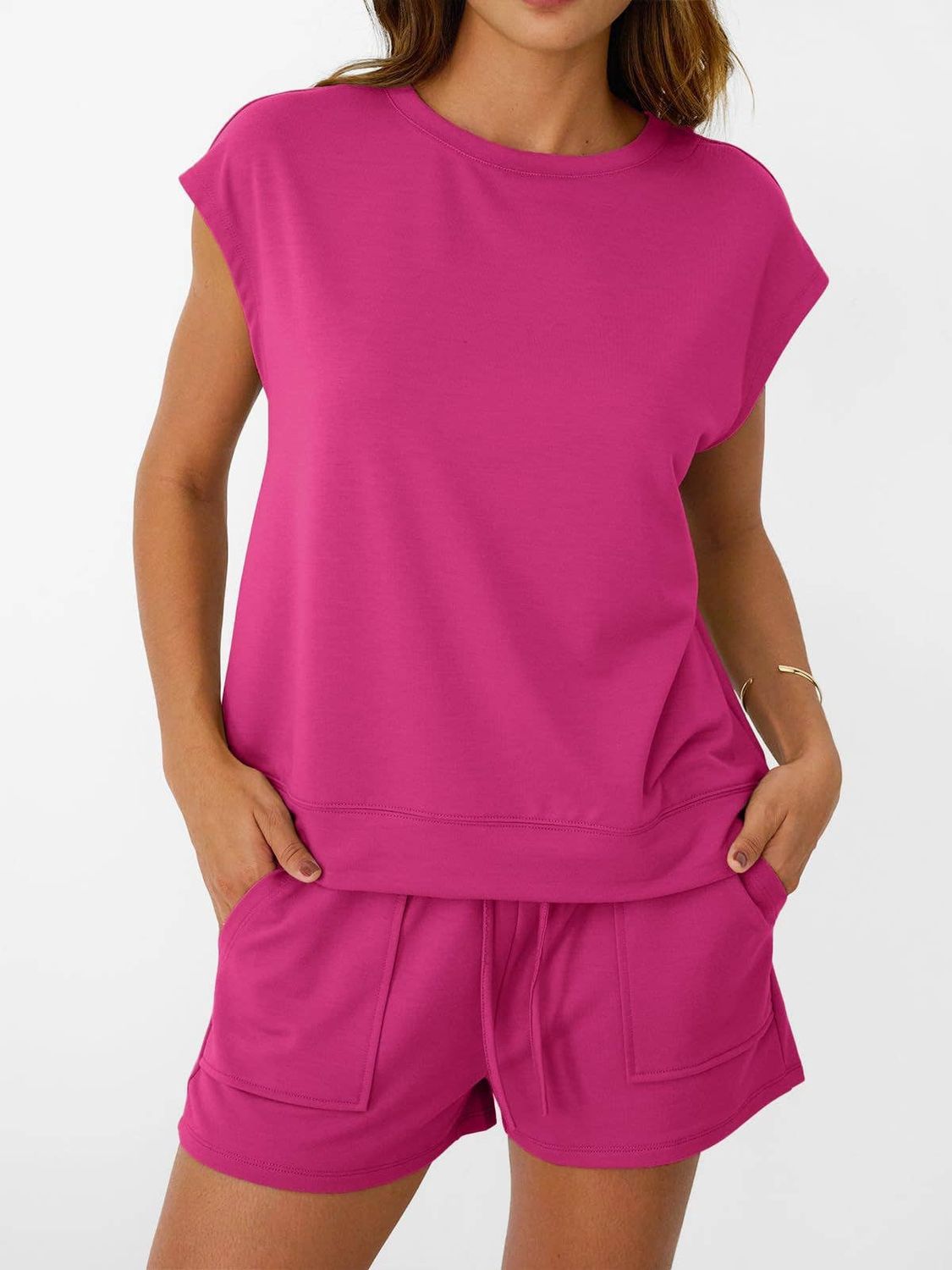 Casual Lounge Set Cap Sleeve Top Drawstring Shorts