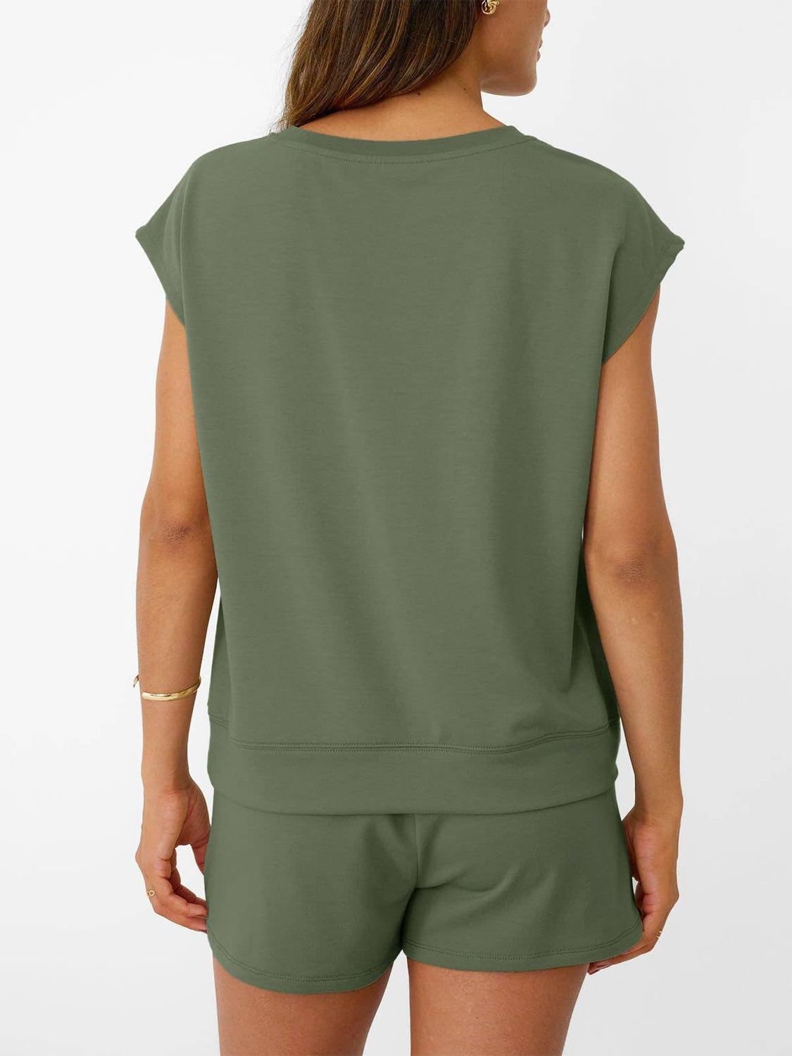 Casual Lounge Set Cap Sleeve Top Drawstring Shorts