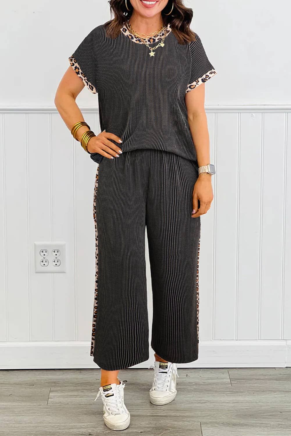 Leopard Patchwork Edge Rib T Shirt and Crop Pants Set