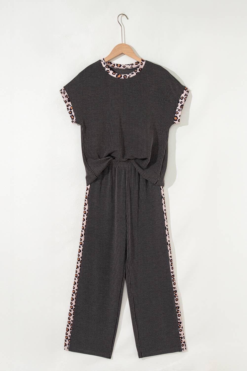Leopard Patchwork Edge Rib T Shirt and Crop Pants Set