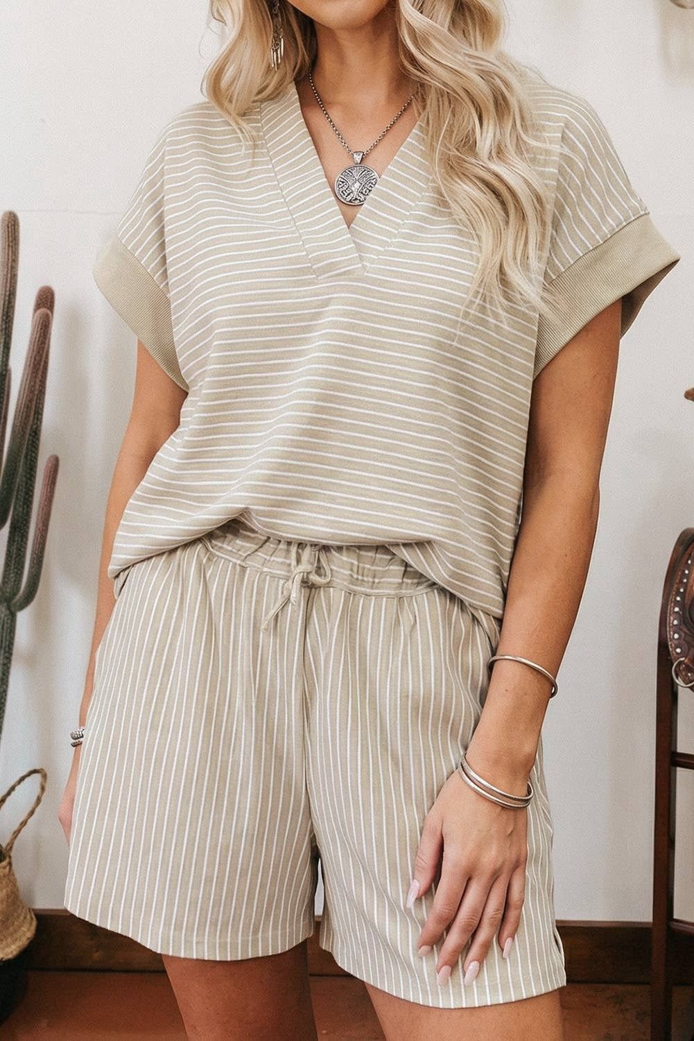Stripe Dolman Sleeve Polo Shirt and Drawstring Short Set