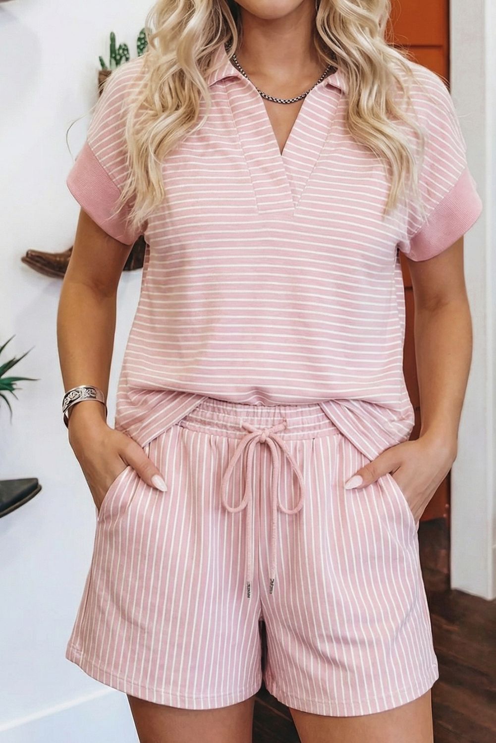 Stripe Dolman Sleeve Polo Shirt and Drawstring Short Set
