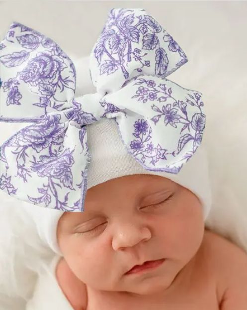 Ilybean Blue or Pink Toile Floral Bow White Hospital Hat