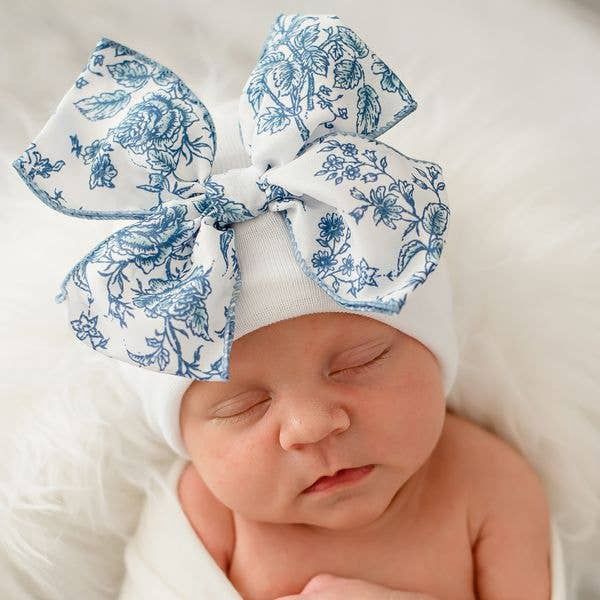 Ilybean Blue or Pink Toile Floral Bow White Hospital Hat, Color: Blue Floral Bow, Size: 0-3 months