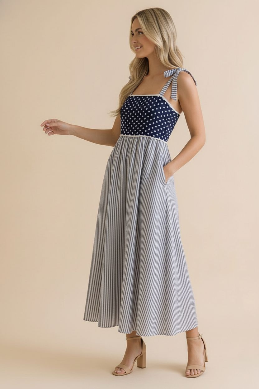 Tied Bow Strap Polka Dot Smocked Midi Dress