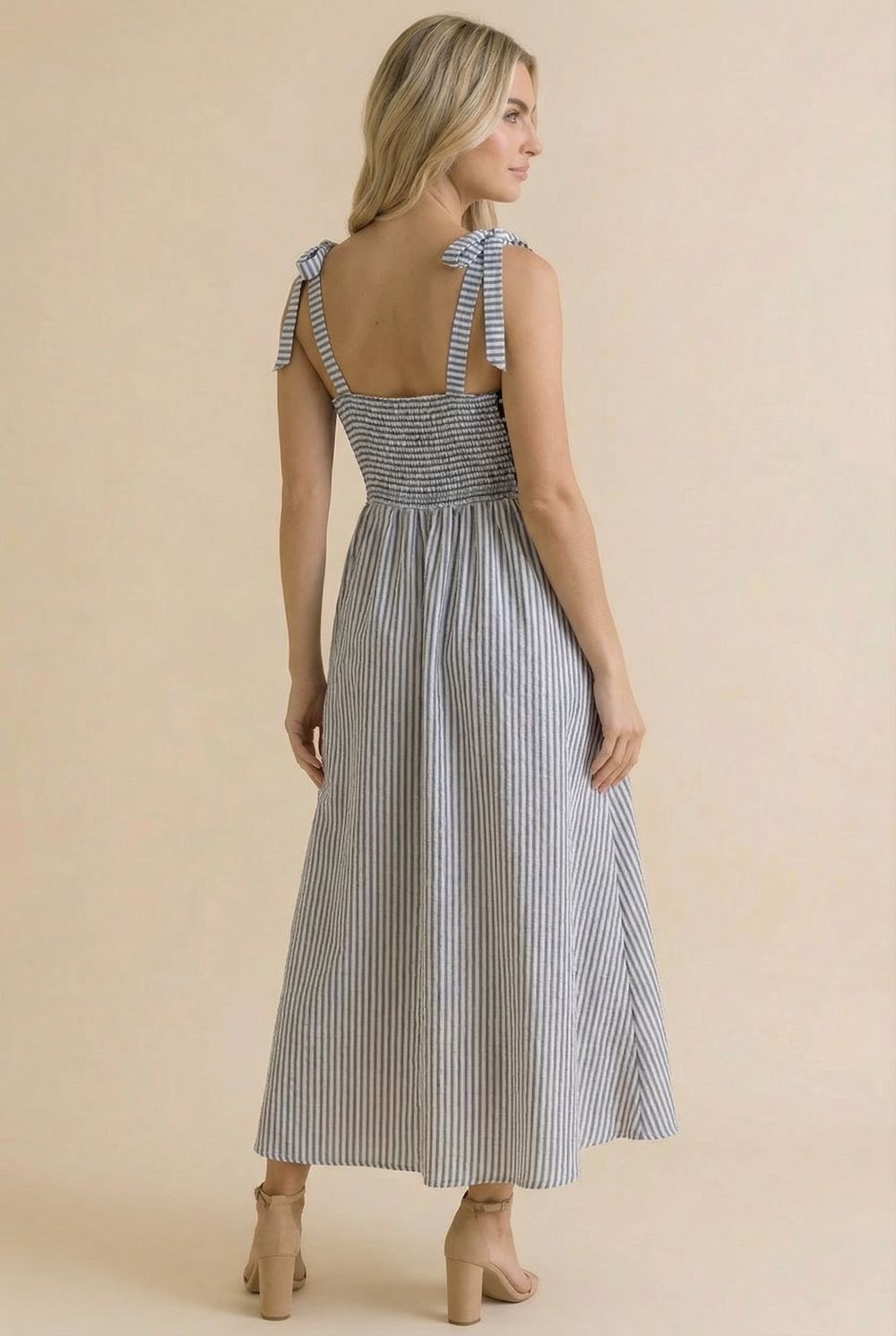 Tied Bow Strap Polka Dot Smocked Midi Dress