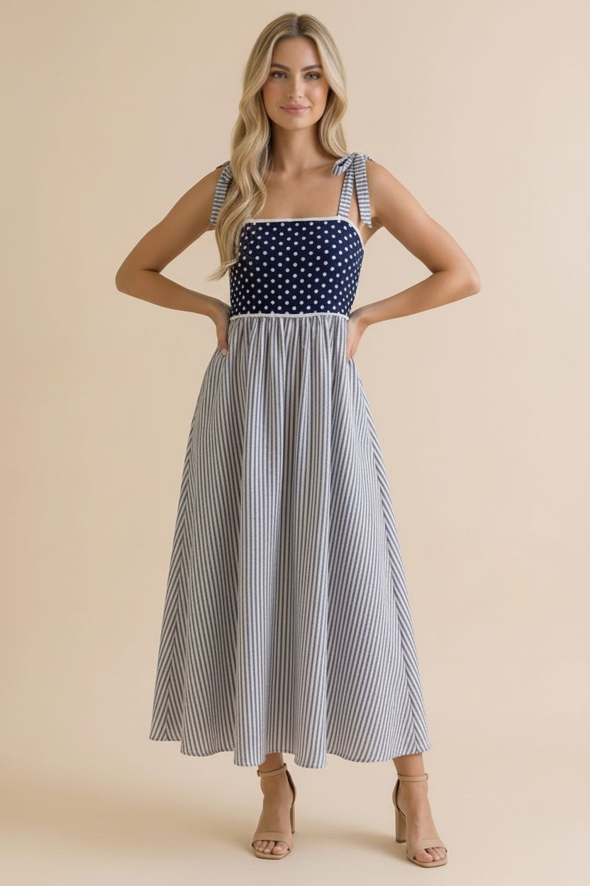 Tied Bow Strap Polka Dot Smocked Midi Dress
