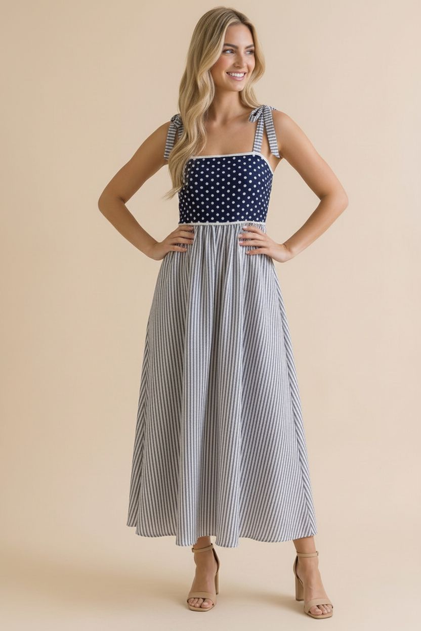 Tied Bow Strap Polka Dot Smocked Midi Dress