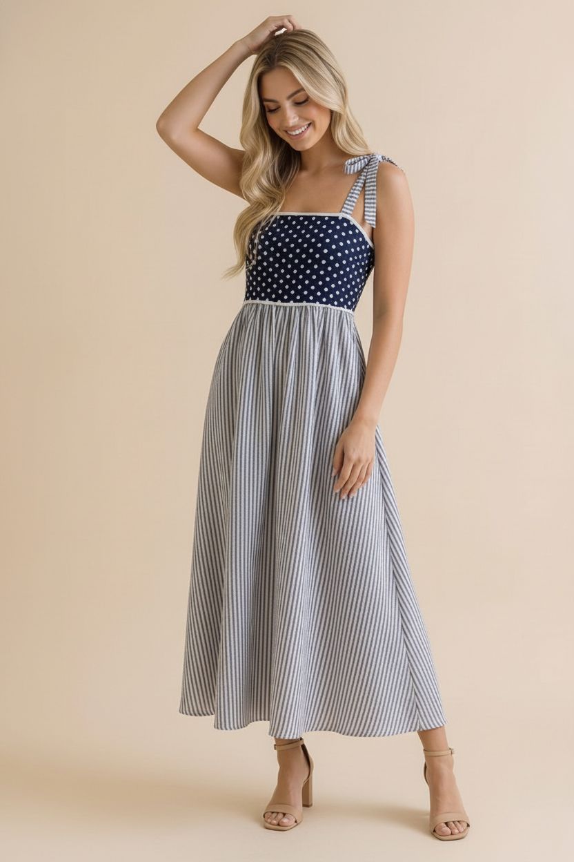 Tied Bow Strap Polka Dot Smocked Midi Dress