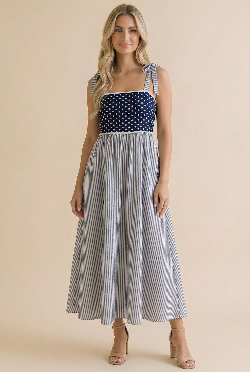 Tied Bow Strap Polka Dot Smocked Midi Dress, Size: L