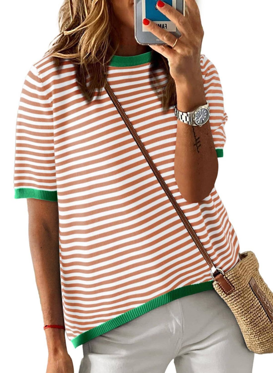 Striped Colorblock Crew Neck Knit Sweater