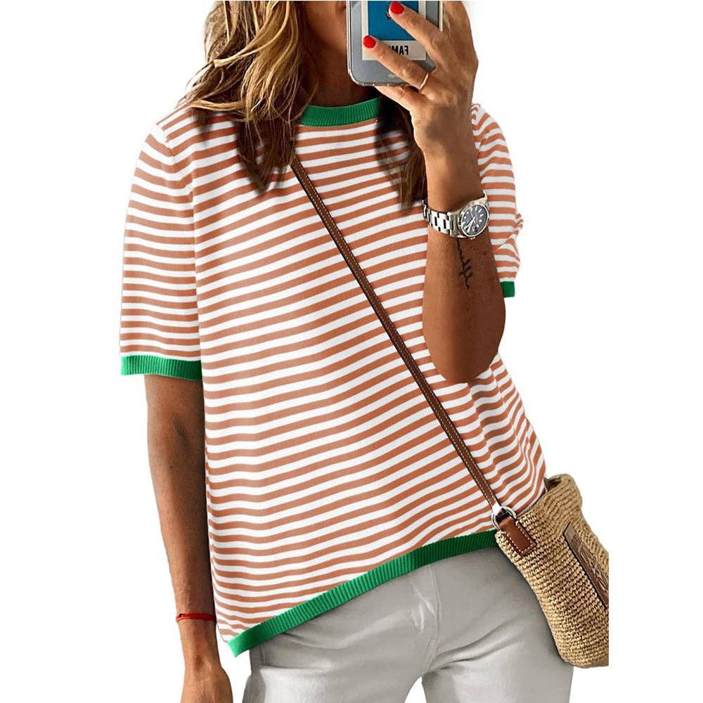 Striped Colorblock Crew Neck Knit Sweater