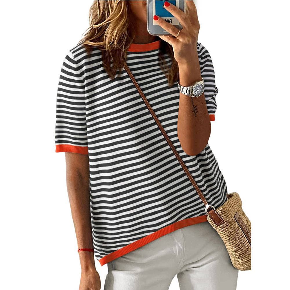 Striped Colorblock Crew Neck Knit Sweater